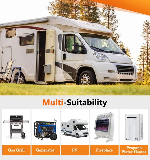 RV setup with images of gas grill, generator, propane water heater, and more showcasing multi-suitability for Two Stage Propane Regulator With Gauge For RV And Outdoor Appliances NUPICK POL Inlet And Three Eighths Inch Female NPT Outlet, Supports 20 To 100 Pound Tanks For RV, BBQ Grill, Heater, Generator, And Go-To Outdoor Gear.