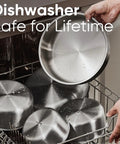 Person placing 15 Piece Stainless Steel Pots And Pans Set With Detachable Handle Induction Compatible Oven Safe in dishwasher.