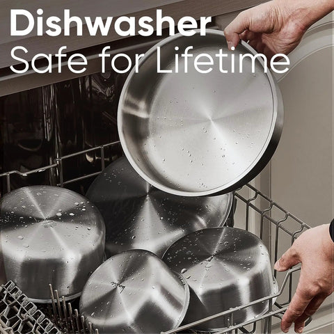 Person placing 15 Piece Stainless Steel Pots And Pans Set With Detachable Handle Induction Compatible Oven Safe in dishwasher.