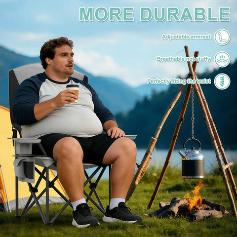 Man sitting on Two Pack Heavy Duty Folding Camping Chairs With 500 Pound Capacity by a campfire in a scenic outdoor setting