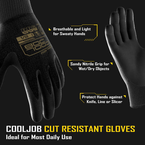 A3 Cut Resistant Gloves With Nitrile Grip Coating For Fishing And Woodworking, Black X Large, close-up showing palm and back features.
