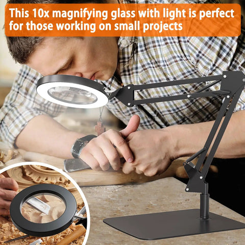 Man using 10X LED Desk Magnifier with Stand and Glass Lens for craft detail work on table.