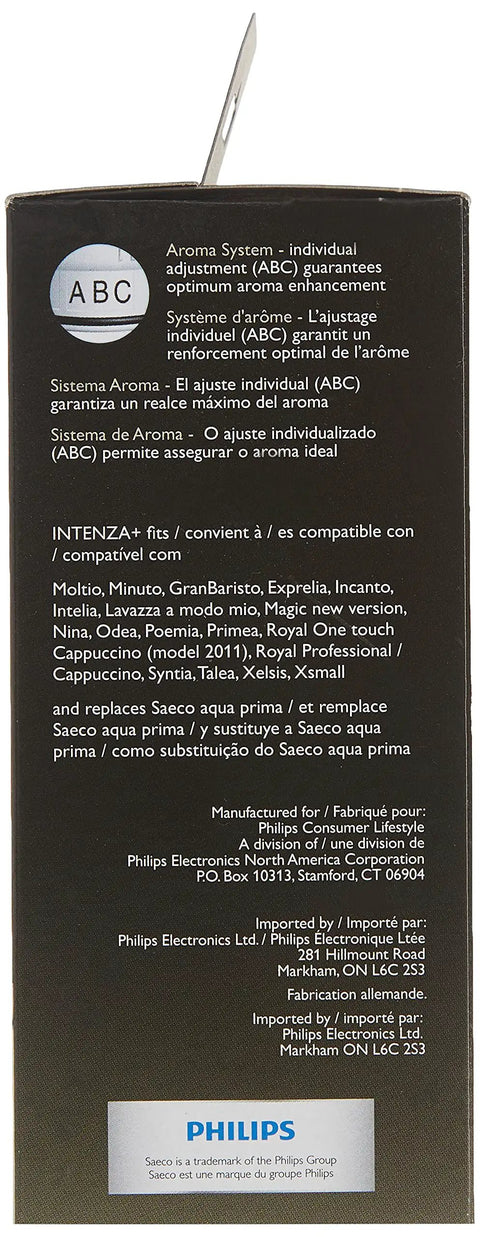 Side view of Intenza Water Filter For Saeco Espresso Machines CA6702/00 box showing compatibility and features
