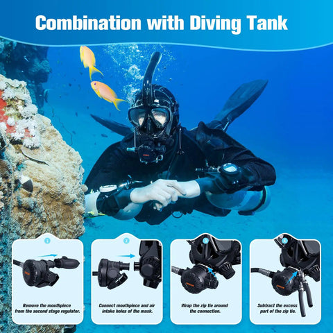Diver using Full Face Snorkel Mask For Adults With Camera Mount, Anti Fog And Leak Proof Shield, near coral with tank combo.