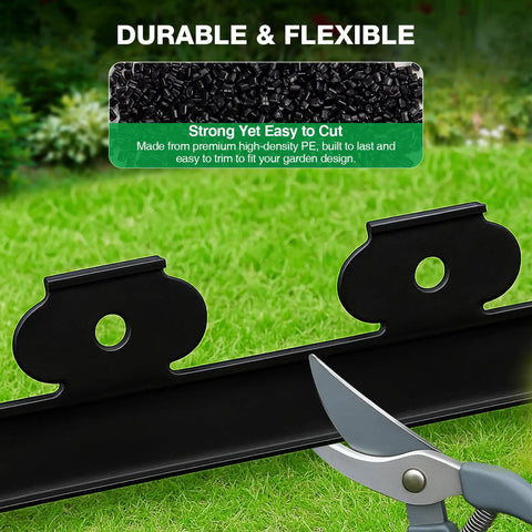 Garden Edging Border For Yard And Flower Beds, 100 Ft Long, Two Inch Tall Flexible Plastic Landscape Edging With 150 Stakes, Easy Install Tool Free Lawn Border, shown close-up on grass with scissors