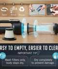 Display of Portable Cordless Car Vacuum Tiny But Mighty 4 In 1 Mini Handheld with 19500 Pa Suction showing filter cleaning steps.