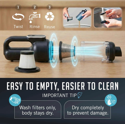 Display of Portable Cordless Car Vacuum Tiny But Mighty 4 In 1 Mini Handheld with 19500 Pa Suction showing filter cleaning steps.