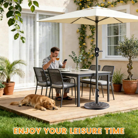 Heavy Duty 30 Lbs Patio Umbrella Base With Resin Stand Weather Resistant Powder Coated Bronze Umbrella Holder on a patio with seating