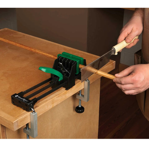 Rock Solid 6 Inch Quick Action Bench Vise With 300 Pound Clamping Power Easy Clamp Mount Non Marring Rubber Jaws V Notch For Round Stock Quick Release Handle Knockout Shop Essential holding a wooden rod during cutting.
