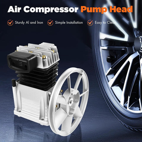 Heavy Duty 2HP Air Compressor Pump Head, Twin Cylinder Aluminum Piston For 1500W Unit, 52.83 Gallons Per Minute Discharge High Pressure Replacement, Oil Drain And Muffler Included