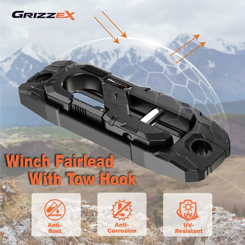 Beefy Heavy Duty Winch Fairlead With Hook For Off Road Recovery 33,000 Lbs Breaking Strength 17,600 Lbs Safe Working Load Aluminum Hawse Fairlead 40Cr Alloy Steel Core 1 Inch Bolt Pattern Fits Truck Jeep SUV ATV UTV Black, black winch fairlead