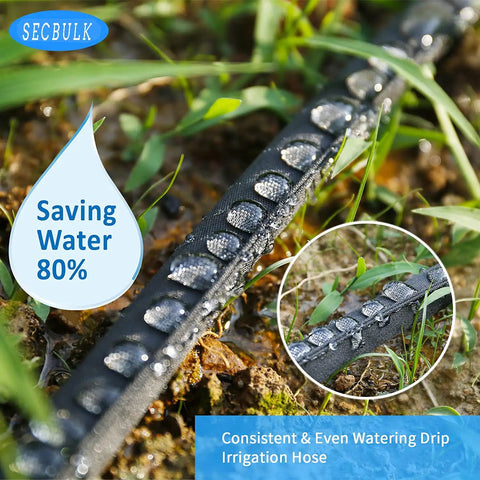 Flat Soaker Hose Kit 100 Ft For Garden Linkable Drip Hose For DIY Irrigation System With Holes Easy Setup Dual Layer Leak Free Design And 80 Percent Water Saving shown in use