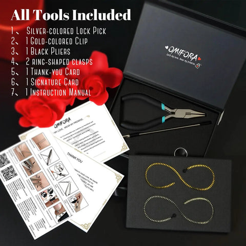 DIY Permanent Bracelet Kit With Ring Shaped Clasp For Couples And Friends Create A Bond With This All In One Tool Set Including Unlocking Tool Golden Clamp And Black Pliers Ideal Gift For Anniversaries Mothers Day And Birthdays Black And Gold displayed with tools and instruction card