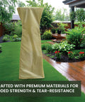 Weather Resistant Outdoor Cover For Three Foot Tabletop Pyramid Patio Heaters Durable Protective Heater Cover For Patio Deck And Backyard All Season Weather Shield Tan over a heater in a garden landscape