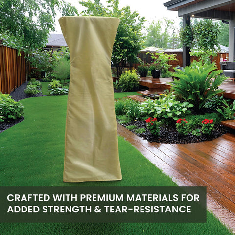 Weather Resistant Outdoor Cover For Three Foot Tabletop Pyramid Patio Heaters Durable Protective Heater Cover For Patio Deck And Backyard All Season Weather Shield Tan over a heater in a garden landscape