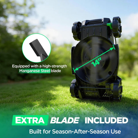 Ultra-Light 14 Inch Cordless Lawn Mower With 20V 2x5Ah Batteries Ultra Quiet Motor For Small Yards Finishes Up To 5,000 Sq Ft On One Charge Easy Push Lightweight Mower For Urban Lawns And Backyard Maintenance, 14-inch manganese steel blade