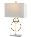 26 Inch Gold Leaf And White Marble Modern Circle LED Table Lamp With White Linen Shade For Living Room Glam Transitional Metal Desk Light LED Bulb Included