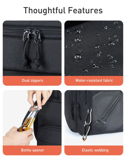 Waterproof Cooler Backpack For 30 Cans with dual zippers, water-resistant fabric, bottle opener, and elastic webbing features.