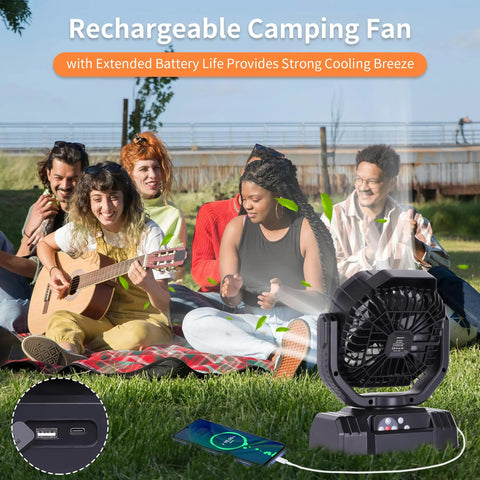 Beast 20000mAh Portable Camping Fan with Remote Control, outdoors with group enjoying picnic and fan cooling breeze