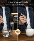 Using Usb Rechargeable Milk Frother Handheld 2 In 1 Dual Spring Whisk Electric Frother Wand to clean and froth milk in cups