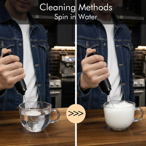 Using Usb Rechargeable Milk Frother Handheld 2 In 1 Dual Spring Whisk Electric Frother Wand to clean and froth milk in cups