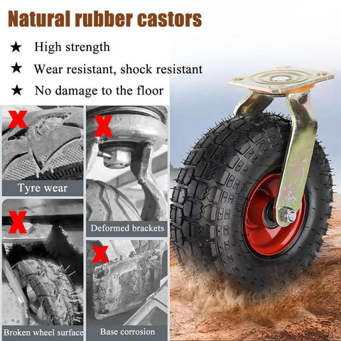 Smooth As Glass Pneumatic Furniture Caster Wheels 2 Pack Swivel Rubber Castors With Bulletproof Steel Brackets, showing rugged rubber wheel.