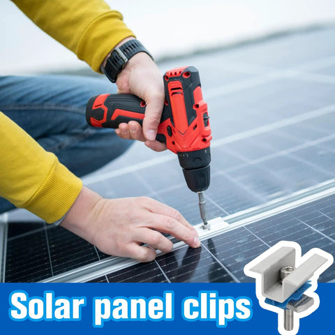 Person installing adjustable solar panel mounting bracket clamps kit for aluminum roof mount with drill, close-up view.