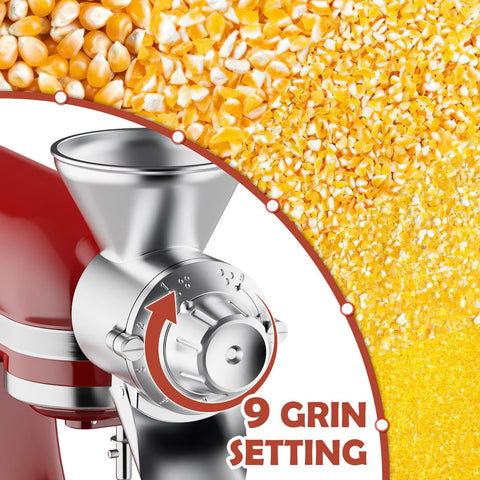 All-metal grain mill attachment for KitchenAid stand mixer; silver body with 9 grind settings