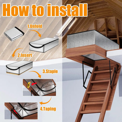 Energy Saving Attic Door Insulation Cover For Pull Down Stairs 54x25x11 instructions illustration with ladder and insulation steps