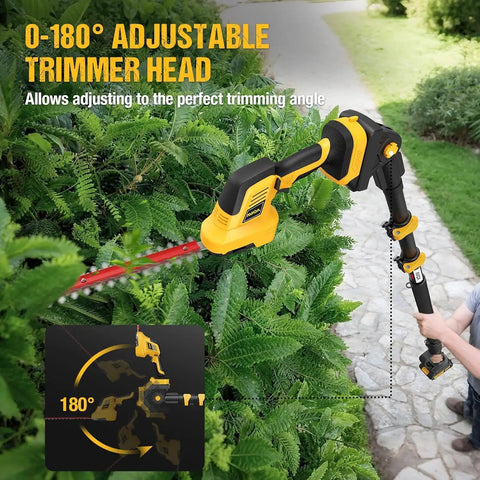 4-In-1 Cordless Pole Hedge Trimmer With 2x3000mAh Batteries, 180-Degree Adjustable Head shown trimming tall hedges