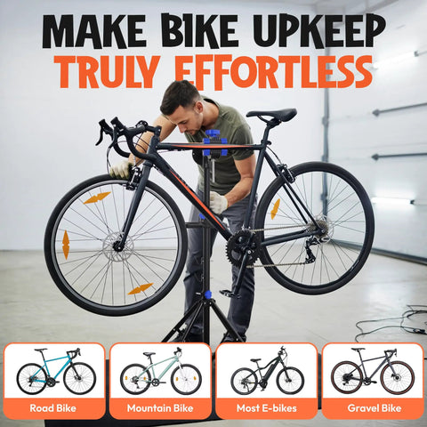 Man using Bike Repair Stand With Workstand Mat And Detachable Wall Mount Clamp Ebike Floor Holder in garage