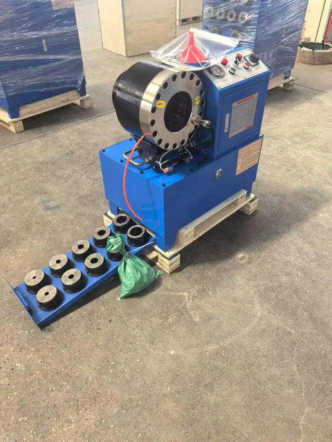 Tough As Nails Electric Hose Crimper And Hydraulic Pipe Press With Forged Steel Head 3600Kn Force 10 Die Sets 220V Power Professional Workhorse For Job Site Setup, showing blue machine with various die sets.
