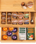 No-Fuss All-In-One Bamboo Drawer Organizer For Keurig K Cup Pods And Tea Bags With Adjustable Dividers filled with pods and tea bags