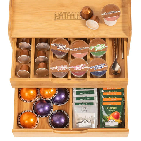No-Fuss All-In-One Bamboo Drawer Organizer For Keurig K Cup Pods And Tea Bags With Adjustable Dividers filled with pods and tea bags