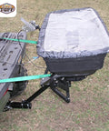 Hitch Mount Grass Seed Spreader With Rain Protector For ATV UTV Or Utility Tractor 12 Foot Broadcast Width 12 Volt Electric Spreader Built Beefy For Lawn And Garden Fertilizer And Seed Application attached to utility vehicle
