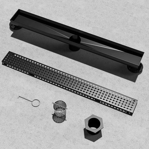 24 Inch Linear Shower Drain With Removable Square Pattern Grate Matte Black Stainless Steel Includes Hair Strainer No Mess No Fuss Easy Clean Built To Last Design Fits Standard 2 Inch PVC ABS Or Cast Iron Drain Bases components displayed