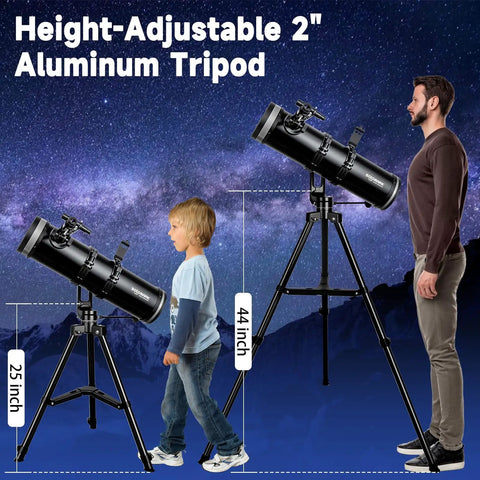 130mm Professional Astronomical Telescope With 650mm Focal Length For Bright Views Alt Az Mount With Fine Adjustment Dual Phone Adapters Moon Filter 65X And 32 Point 5X Magnification Ideal For Adults And Beginners, height-adjustable 2-inch aluminum tripod