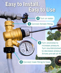 Brass RV water pressure regulator with gauge and hose connection, angled front view for camper or travel trailer.