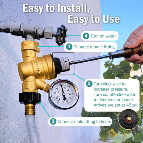 Brass RV water pressure regulator with gauge and hose connection, angled front view for camper or travel trailer.