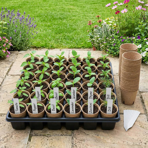 60 Pack 3.15 Inch Biodegradable Seed Pots With Drainage Holes Germination Starter Pots Kit Plus 100 Plant Labels in garden