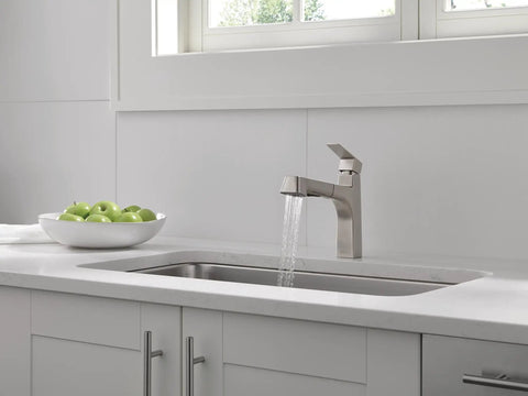 Xander Pull Out Kitchen Faucet With Sprayer Stainless Steel Fits Single Hole Or 3 Hole Mount in modern kitchen