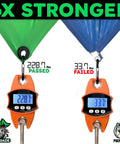 Comparison of Beefed Up 3x3 Ft Green Heavy Duty Tarp Waterproof UV Resistant PFAS Free Cover showing strength test results.