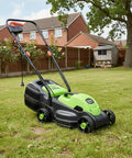 Power Through Your Yard With This 12.5 Amp 1200W Corded 13 Inch Push Lawn Mower That Cuts Clean, Tames Thick Grass, And Starts Easy, A Lightweight Green Machine Built For Quick, No Fuss Yard Maintenance. Green 13-inch corded push lawn mower on a backyard lawn.