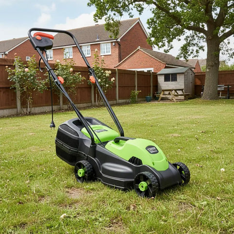 Power Through Your Yard With This 12.5 Amp 1200W Corded 13 Inch Push Lawn Mower That Cuts Clean, Tames Thick Grass, And Starts Easy, A Lightweight Green Machine Built For Quick, No Fuss Yard Maintenance. Green 13-inch corded push lawn mower on a backyard lawn.