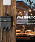 Plug And Play Weatherproof Outdoor Indoor Wireless Remote Control Outlet Kit With Three Grounded Outlets Heavy Duty 15 Amp Power Strip Compact Black Body Six Inch Cord Remote Included One Hundred Foot Range ETL Listed installed on wall