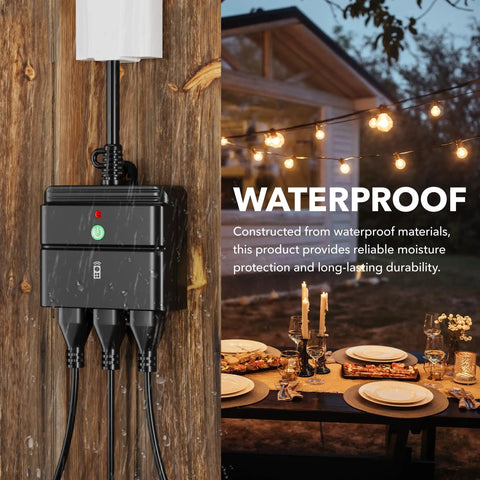 Plug And Play Weatherproof Outdoor Indoor Wireless Remote Control Outlet Kit With Three Grounded Outlets Heavy Duty 15 Amp Power Strip Compact Black Body Six Inch Cord Remote Included One Hundred Foot Range ETL Listed installed on wall