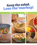 5 In 1 Kitchen Prep And Storage Bowl System Featuring Crinkle Slice And Shred Blades For Real Deal Meal Prep and Hosting Like A Champ With Secure Snap Lids, showcasing salads and dips in clear bowls.