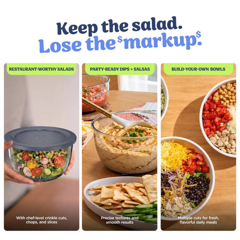 Five In One Food Prep And Storage Bowl System With Crinkle Slicing Shredding Functions, salad bowls and dips displayed on a table.