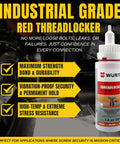 Heavy Duty Red Threadlocker For Industrial Machinery Vibration Proof Bond Heat Resistant Sealant That Delivers Rock Solid Lock 1.76 Oz DOS Formula For Engines Gearboxes And Heavy Equipment in a bottle next to industrial machinery.