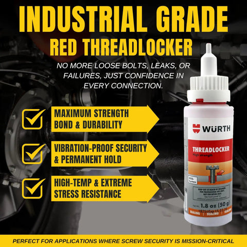 Heavy Duty Red Threadlocker For Industrial Machinery Vibration Proof Bond Heat Resistant Sealant That Delivers Rock Solid Lock 1.76 Oz DOS Formula For Engines Gearboxes And Heavy Equipment in a bottle next to industrial machinery.